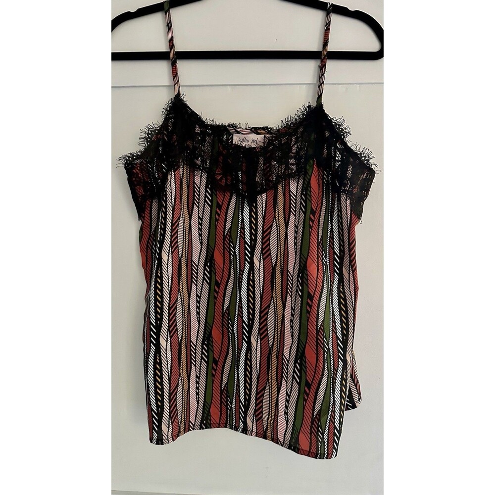Willow Root Multicolor Striped Tank Top Black Lace Trim Adjustable Straps Sz S